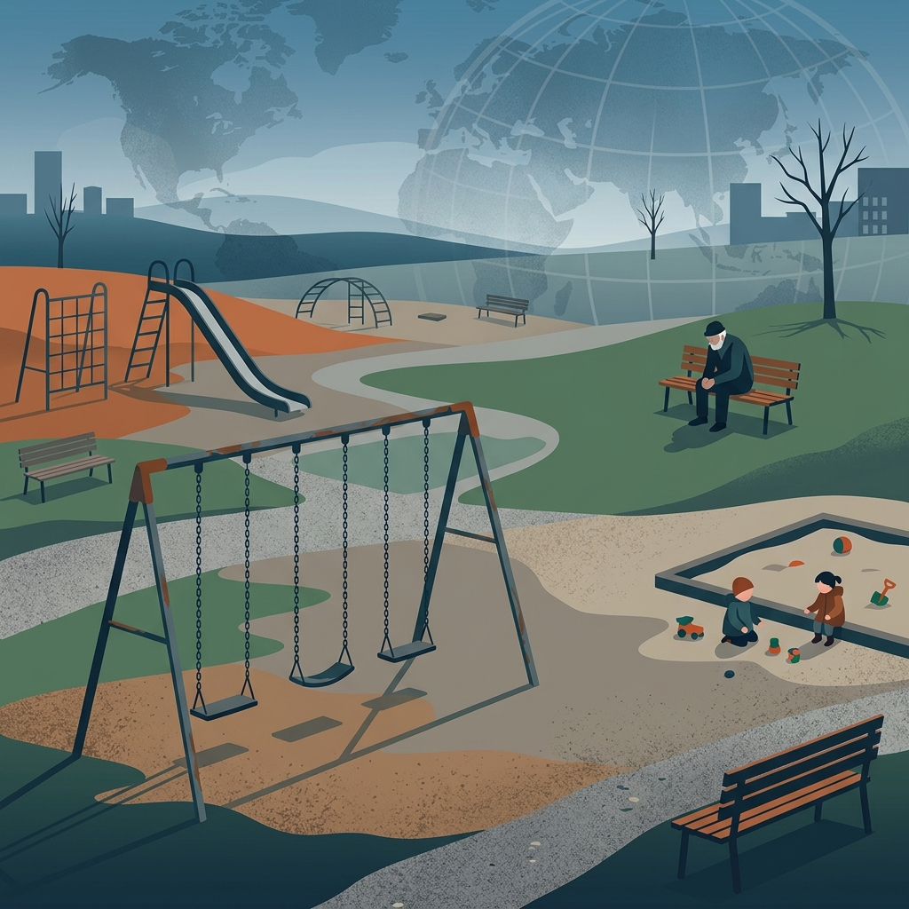 AI Generated Image — A vast, desolate playground with mostly empty swings and slides. Only two small children play in the sandbox while a lone elderly figure sits on a distant bench. A globe in the background symbolizes an aging world.
