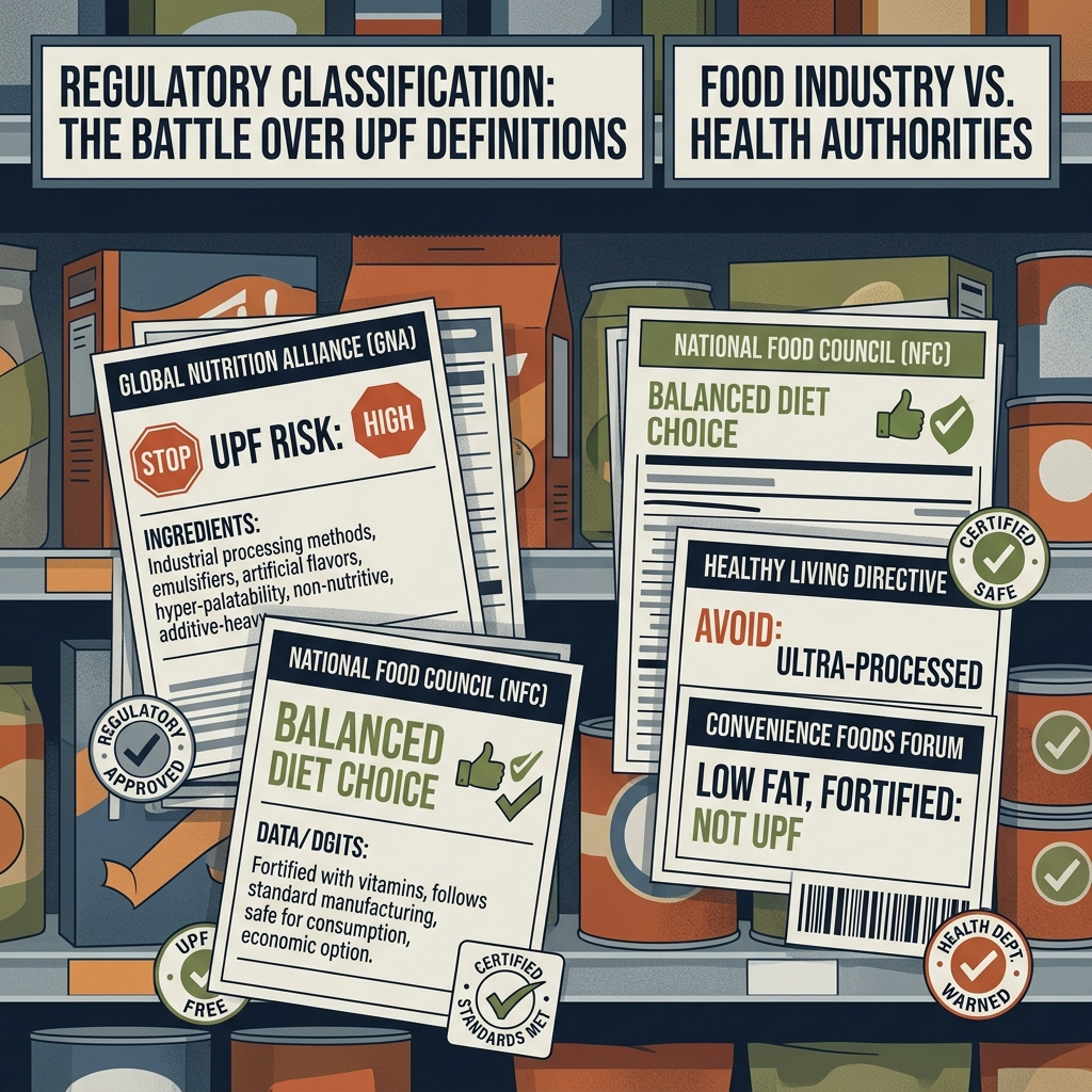 AI Generated Image - Multiple competing food regulatory labels displayed on a supermarket shelf, showing how FDA and food industry define ultra-processed food (UPF) differently. An editorial infographic comparing regulatory definitions