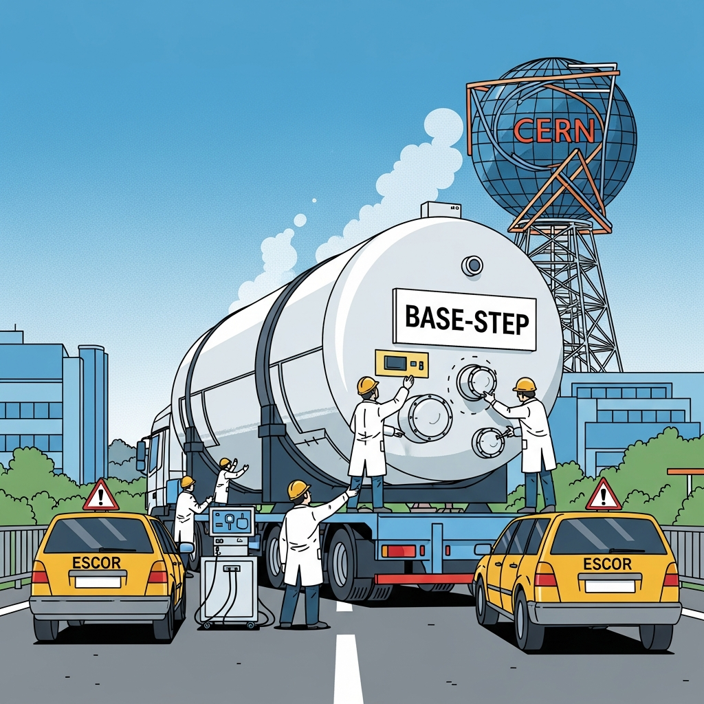 AI Generated Image - BASE-STEP cryogenic Penning trap being transported by truck on CERN campus with escort vehicles and scientists monitoring