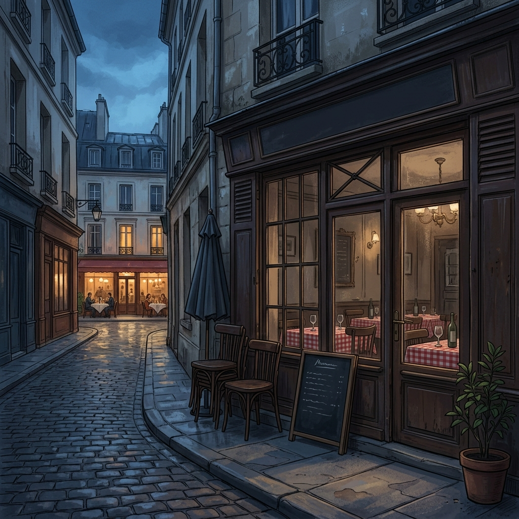 AI Generated Image - Traditional Parisian bistro with half-closed shutters, stacked empty chairs on terrace, checkered tablecloth and wine glasses visible through window, distant bright fine-dining restaurant