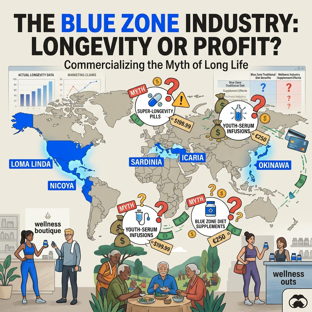AI Generated Image - A world map with five Blue Zones highlighted in blue (Loma Linda, Nicoya, Sardinia, Ikaria, Okinawa), overlaid with expensive wellness product price tags, pharmaceutical pills, supplements, and dollar symbols. Comparison charts of actual longevity data versus inflated marketing claims are visible in the upper left. Wellness boutique customers and elderly people eating traditional meals are shown at the bottom. Editorial infographic style illustration.