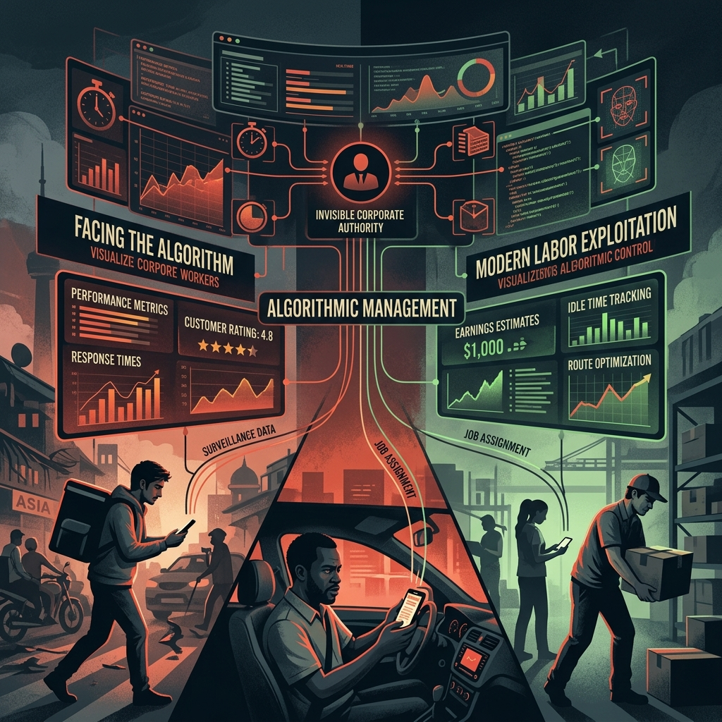 AI Generated Image - Delivery riders, rideshare drivers, and couriers from different continents working beneath towering algorithm dashboards and performance metric monitors. A faceless corporate authority icon at the center symbolizes the invisible algorithmic boss overseeing all workers, with real-time monitoring displays showing customer ratings, response times, earnings estimates, and route optimization.