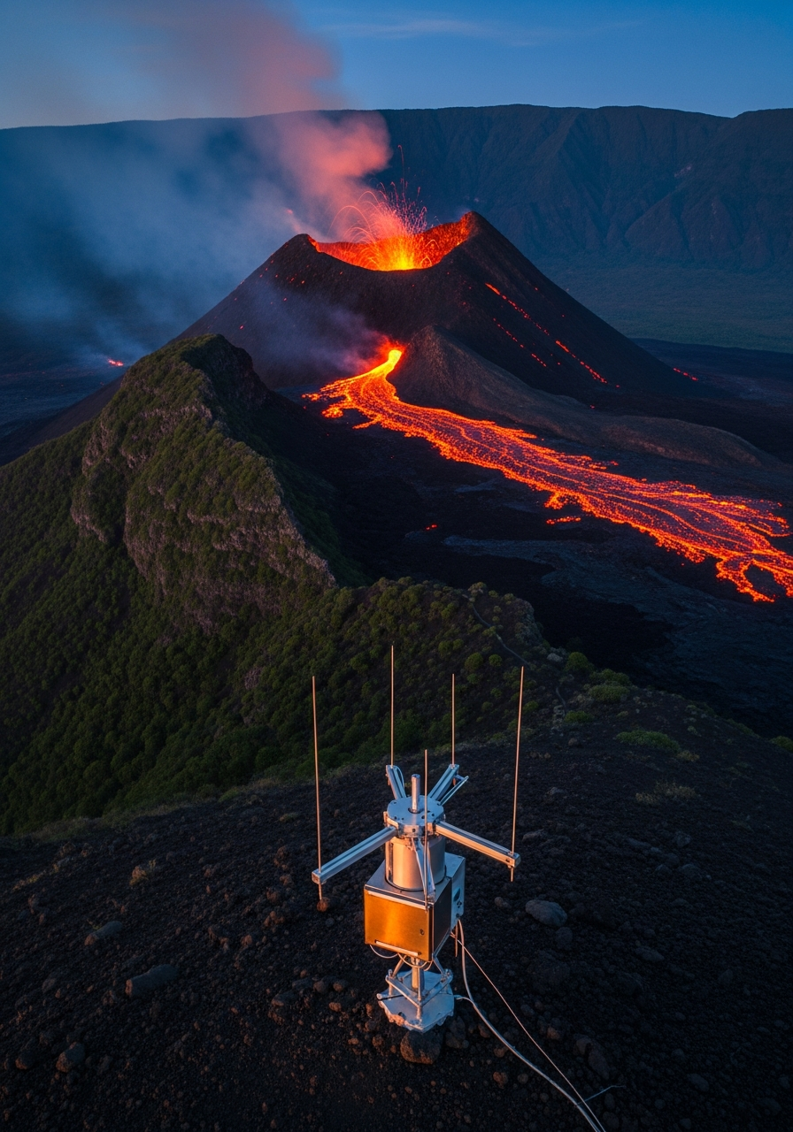 (AI-generated images) Volcano with broadband seismometer station at twilight