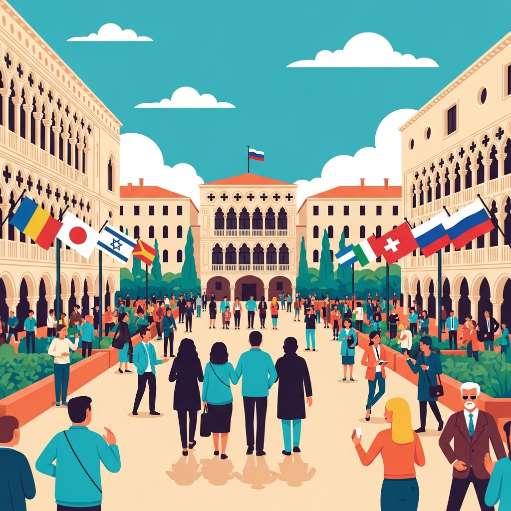 AI Generated Image - Venice Biennale Giardini gardens with classical national pavilion buildings and national flags, silhouetted jury members walking away in coordinated resignation, international observers and artists gathered in tense atmosphere