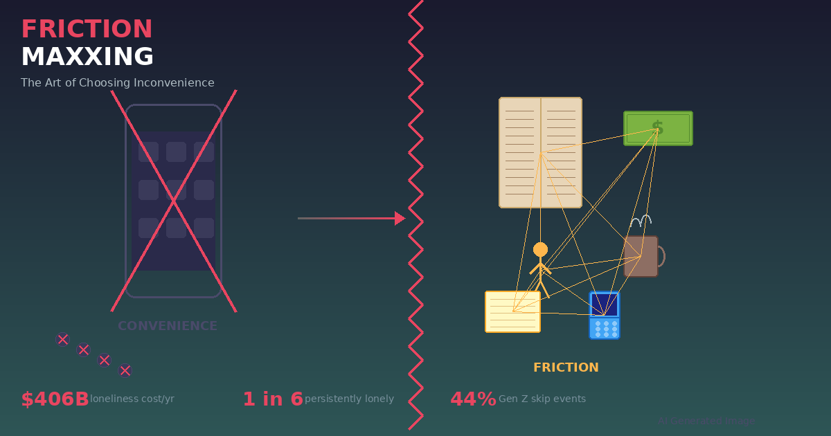 AI Generated Image - Friction-maxxing infographic: concept illustration showing the transition from convenience to friction