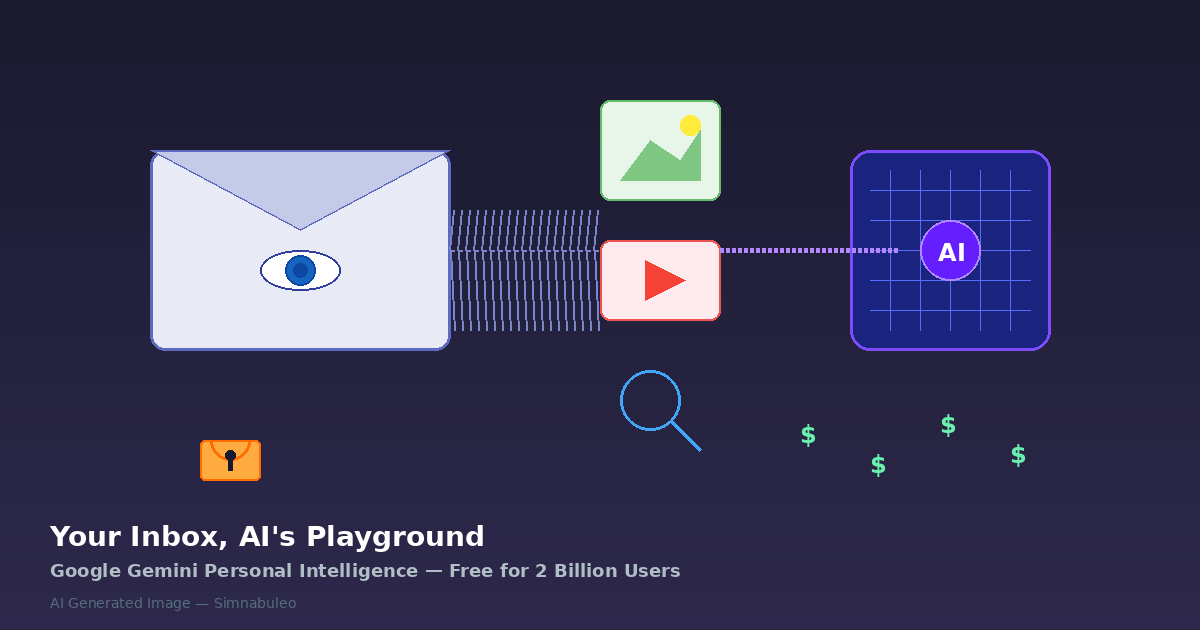 AI Generated Image - Google Gemini Personal Intelligence data flow illustration showing email connected to AI