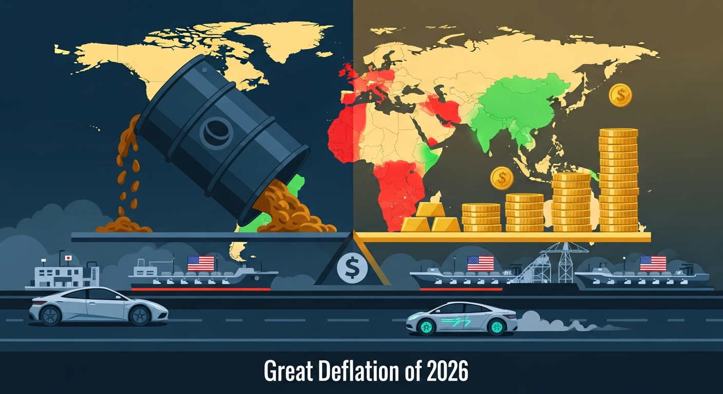 (AI-generated image) The Great Deflation — illustration depicting commodity price crash and global economic divergence