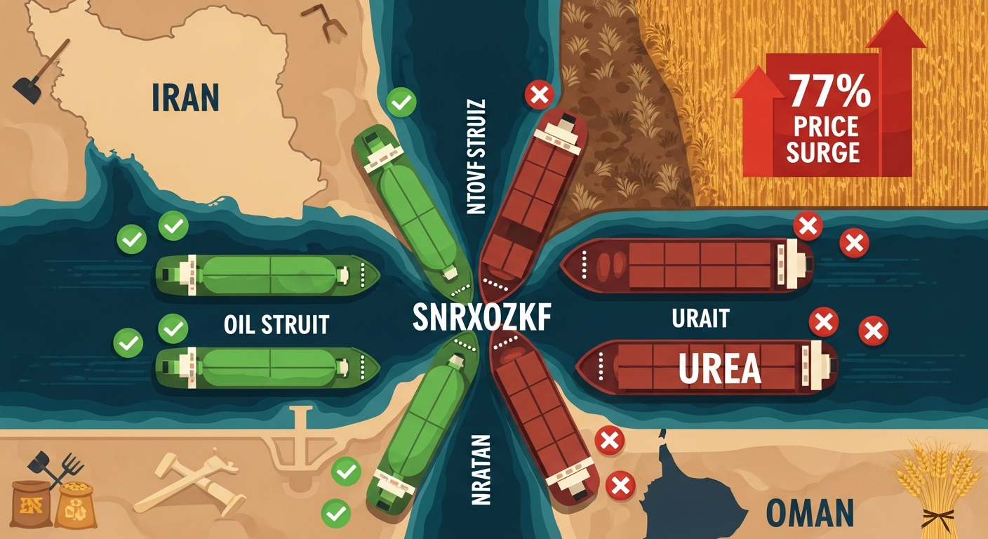 AI Generated Image - Infographic illustration of the Strait of Hormuz where oil tankers pass freely but urea fertilizer cargo ships are blocked, with withering wheat fields and a 77% price surge chart