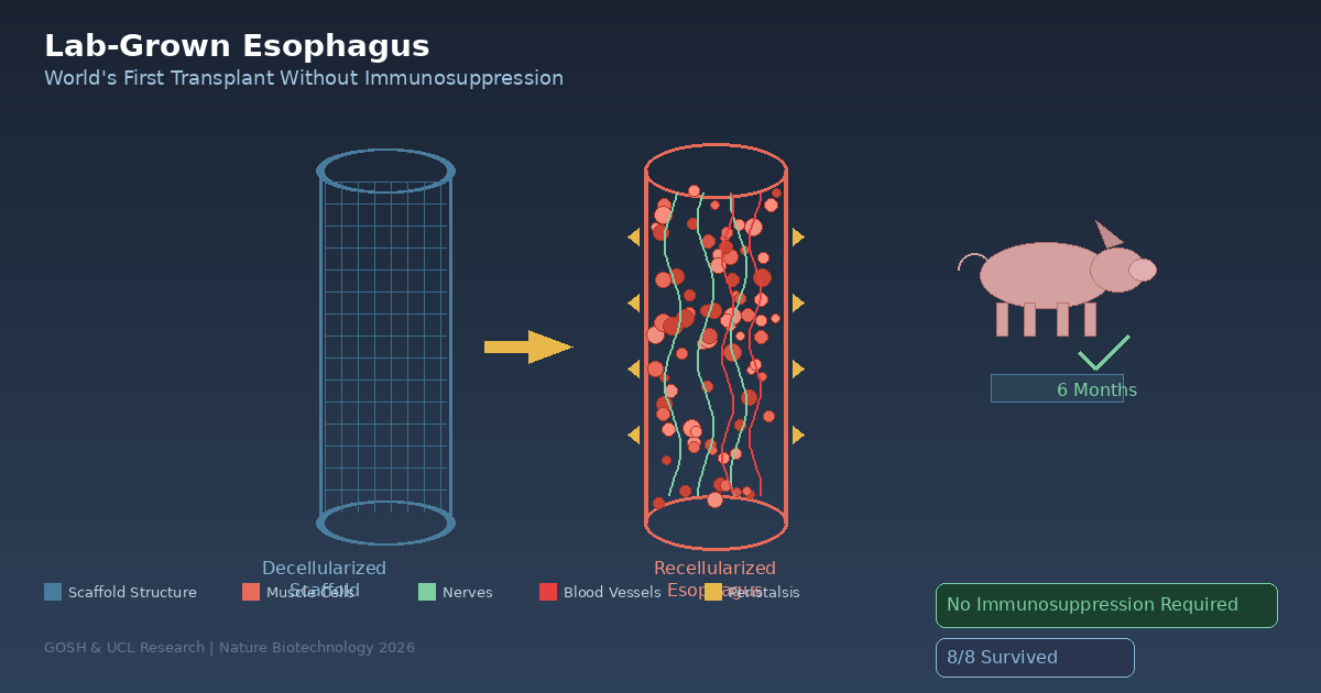 AI Generated Image - Lab-grown esophagus decellularization and recellularization process infographic showing scaffold structure, muscle cells, nerves, blood vessels, and successful pig transplant