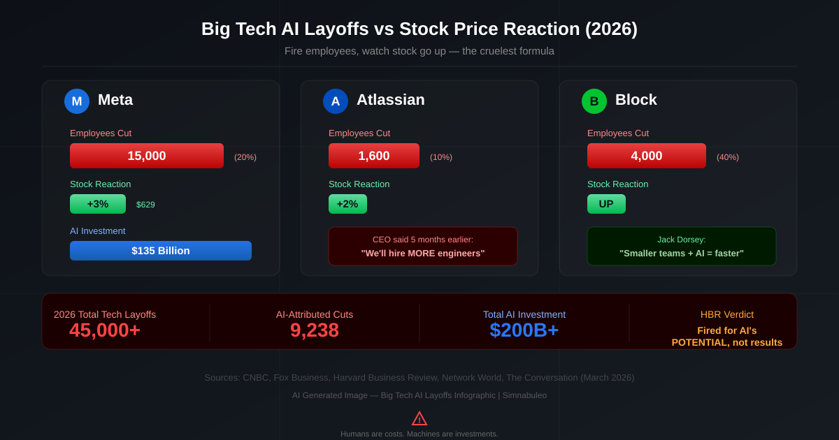 (AI-generated images) Big Tech AI Layoffs vs Stock Price Reaction Infographic — Meta, Atlassian, Block comparison