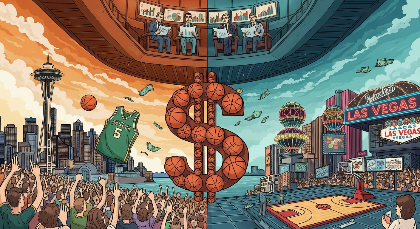 (AI-generated image) Illustration symbolizing NBA expansion to Seattle and Las Vegas — a split arena with basketball and dollar signs