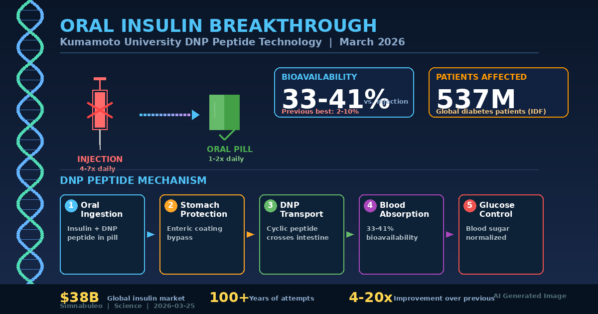 AI Generated Image - Oral Insulin Pill Breakthrough Infographic: DNP Peptide Mechanism and 33-41% Bioavailability
