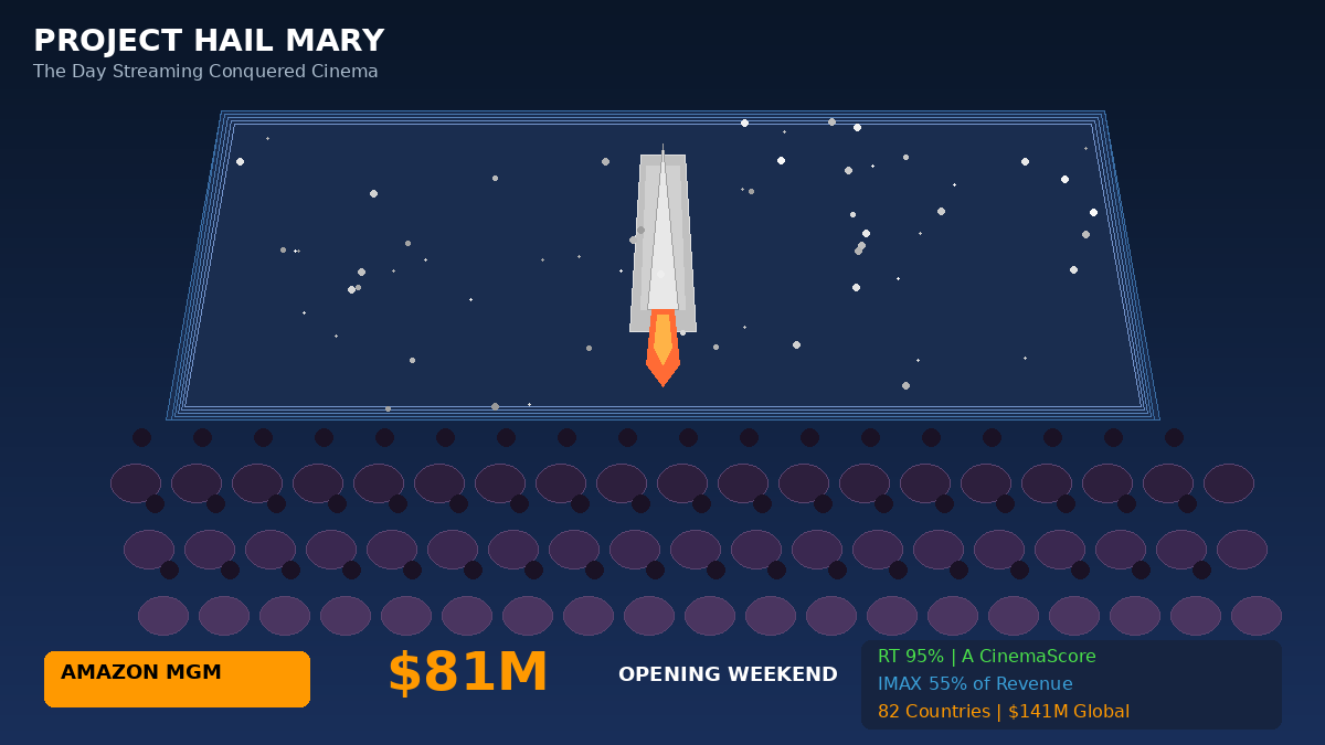 AI Generated Image - Project Hail Mary box office infographic showing cinema theater with rocket on screen and 1M opening weekend data