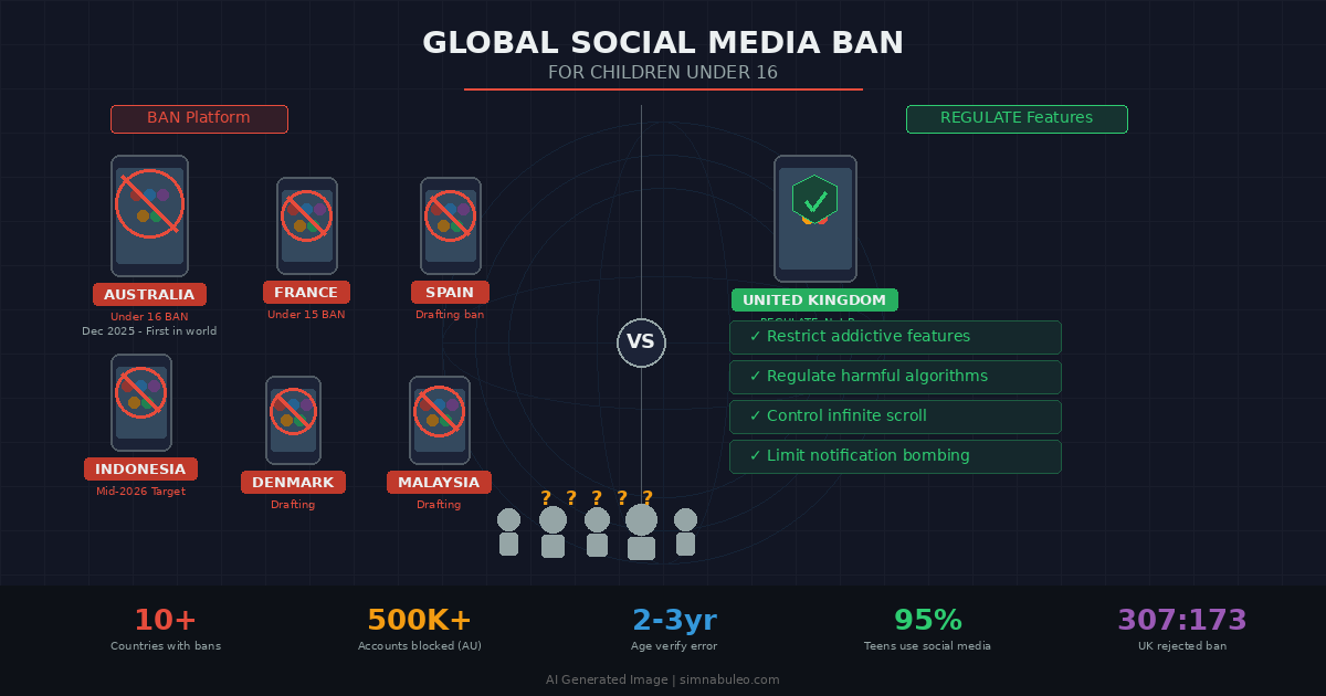 AI Generated Image - Global social media ban for children infographic showing BAN vs REGULATE approaches across countries