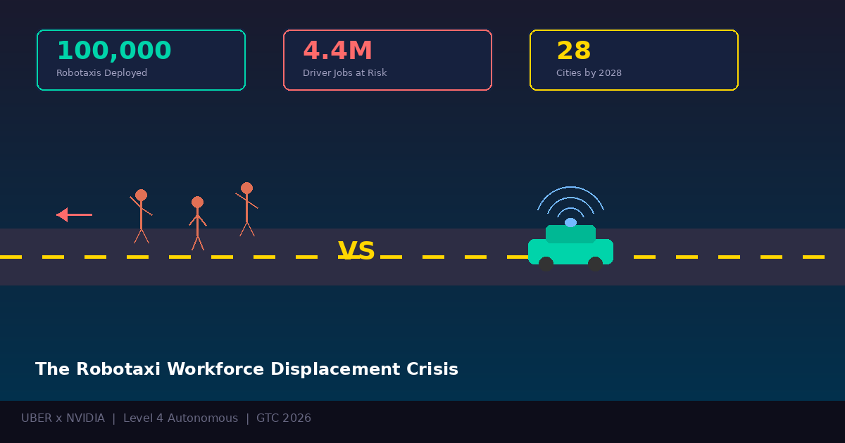 AI Generated Image - Uber NVIDIA robotaxi 100,000 deployment infographic showing 4.4 million driver jobs at risk across 28 cities