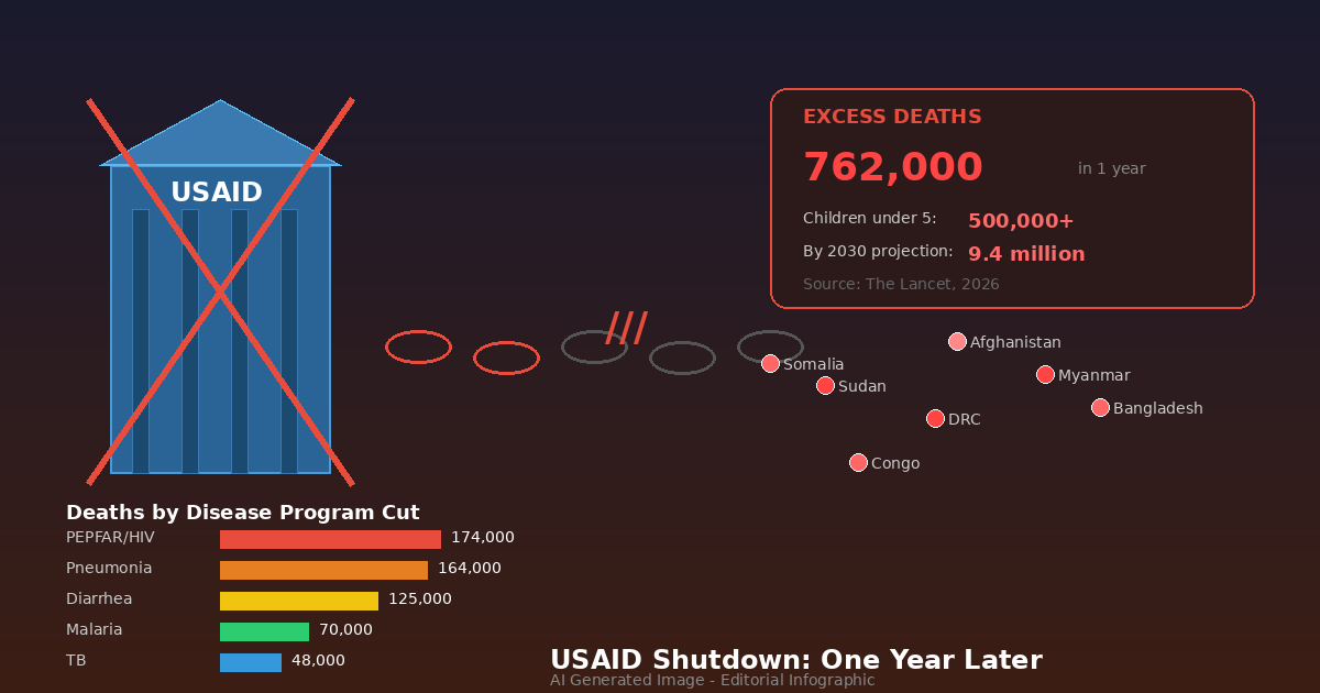 AI 생성 이미지 - USAID 해체 1년 후 글로벌 원조 위기 인포그래픽